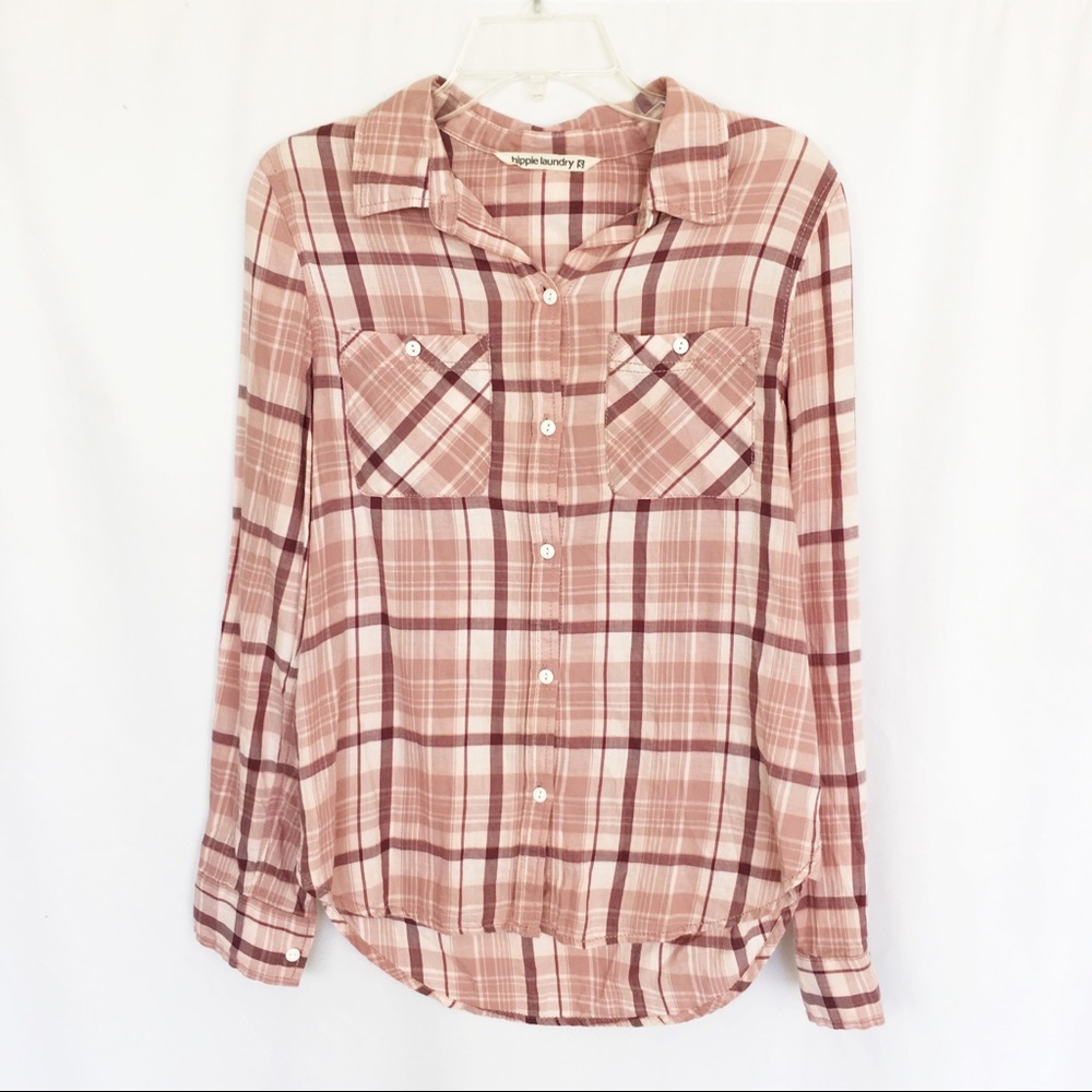 Hippie Laundry pink plaid button up top S